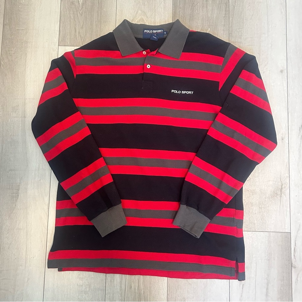 Polo Sport by Ralph Lauren Men's Black and Red Striped Rugby Long Sleeve Shirt
